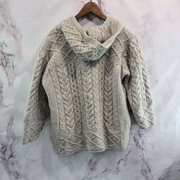 Aran Crafts Wool Sweater Womens Large Cardigan Hooded Oversized Fisherman Vtg - Picture 5 of 13